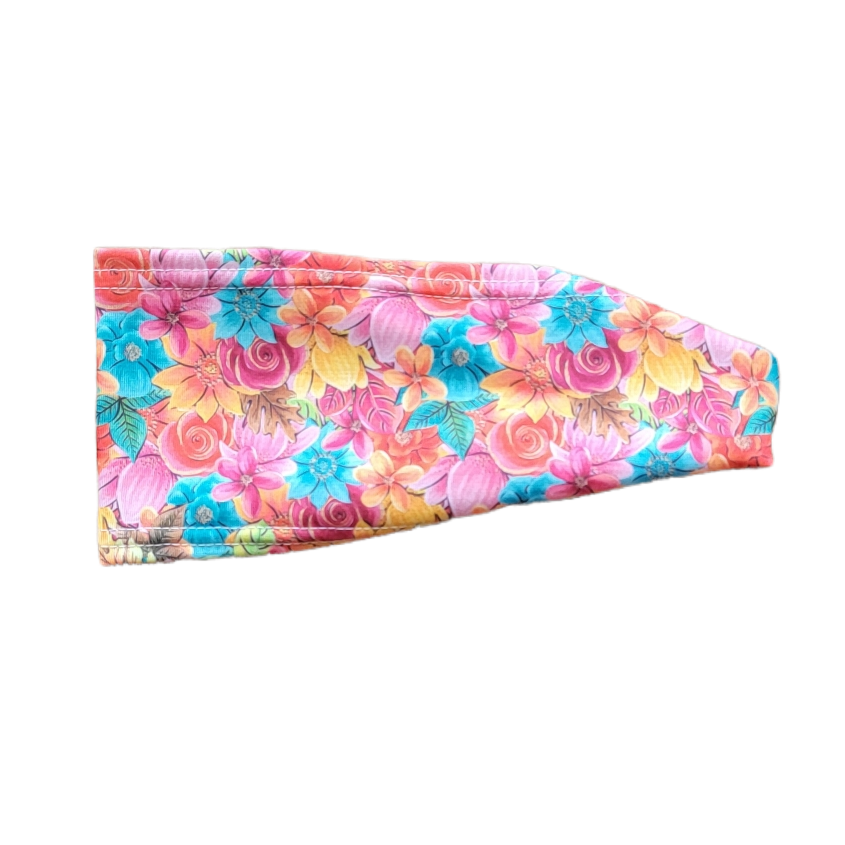 Headband with bright yellow pink and blue flowers