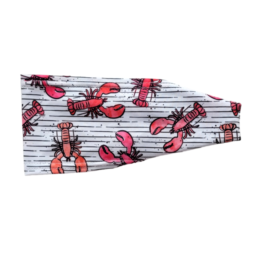 Headband with red lobsters on black and white stripes