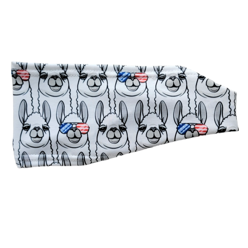 headband with llamas wearing red blue and white sunglasses on white