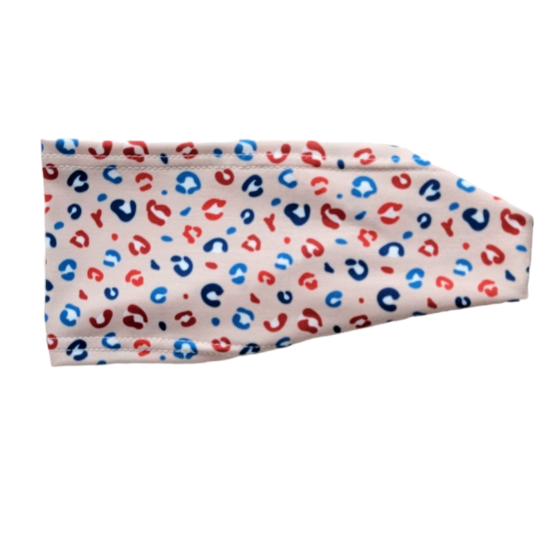 tan headband with red blue and white leopard