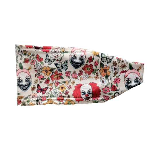 headband with scary clown faces in red black and yellow