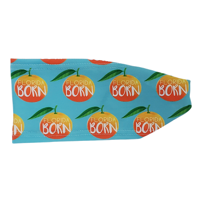 headband with oranges with text Florida born in white on blue backgroung