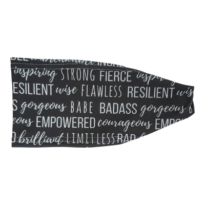 headband with strong motivating words written in white on grey