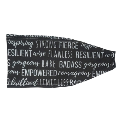 headband with strong motivating words written in white on grey