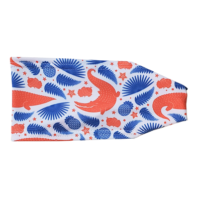 headband with blue and orang gator images on white