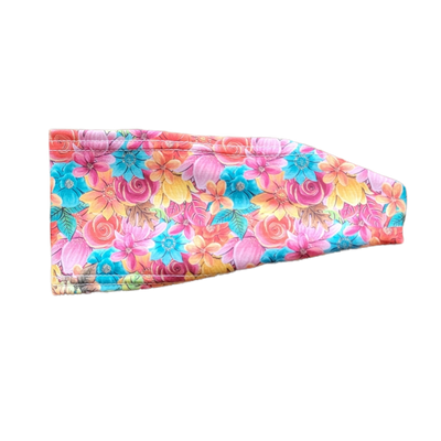 Headband with bright yellow pink and blue flowers