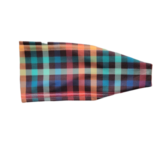 Headband with red orange blue and brown plaid checkered