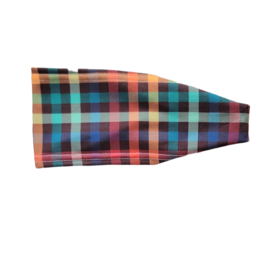 Headband with red orange blue and brown plaid checkered
