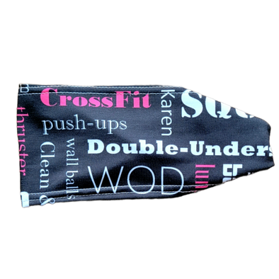 Headband eith pink and white crossfit wording on black