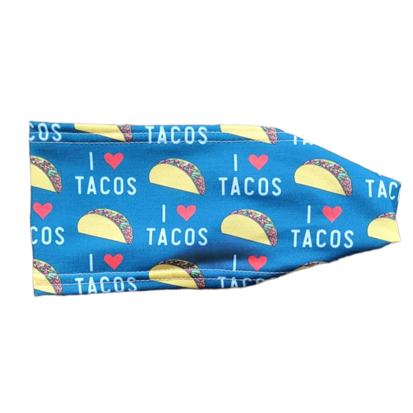 headband with taco images with writing that says i love tacos on blue