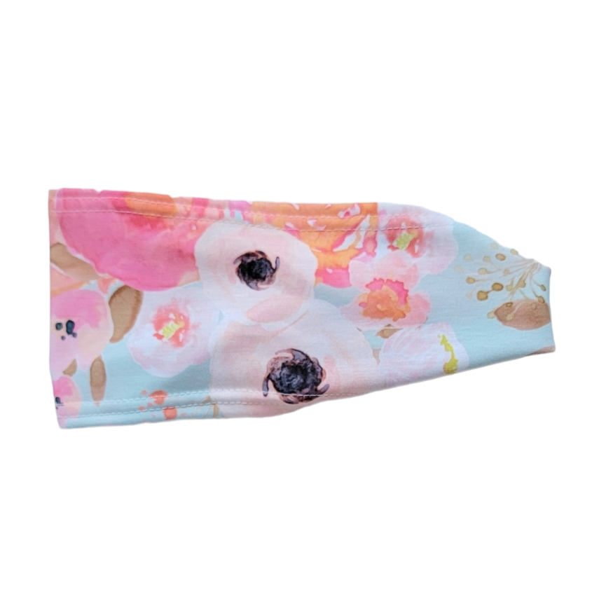 blue headband with pink and white flowers