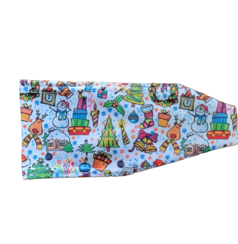 headband with winter and Christmas graphics in multi colors on white