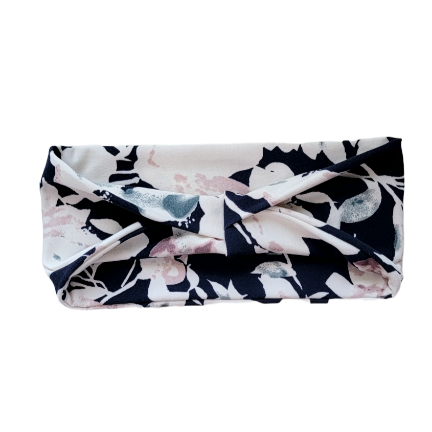 headband with light pink and white large flowers on navy