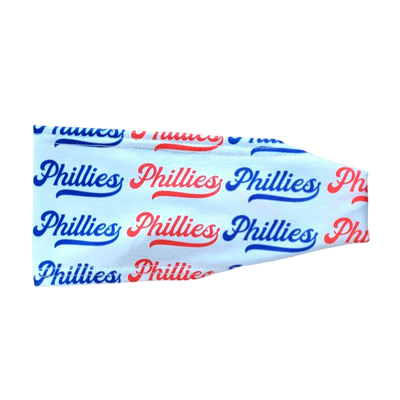 red and blue phillies words on white
