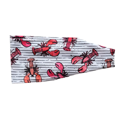 Headband with red lobsters on black and white stripes