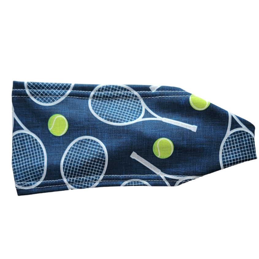navy blue headband with white tennis rackets