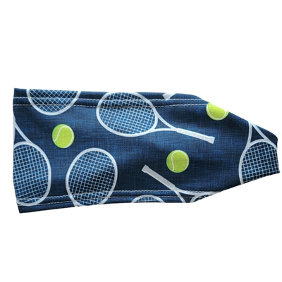 navy blue headband with white tennis rackets