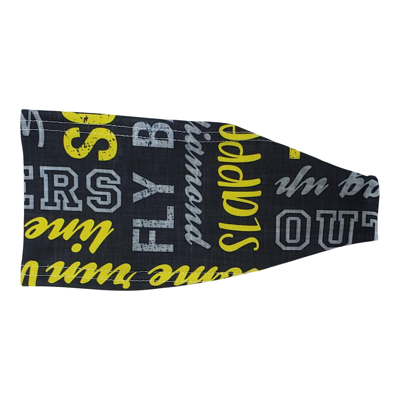 grey headband with yellow and white softball words