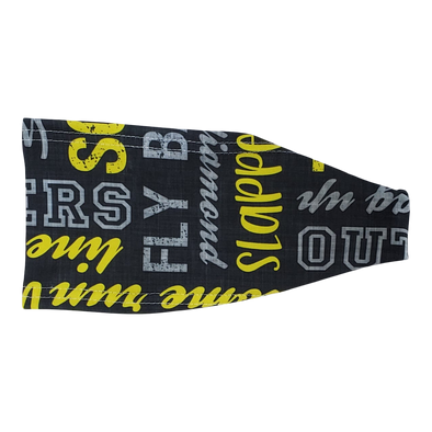 grey headband with yellow and white softball words