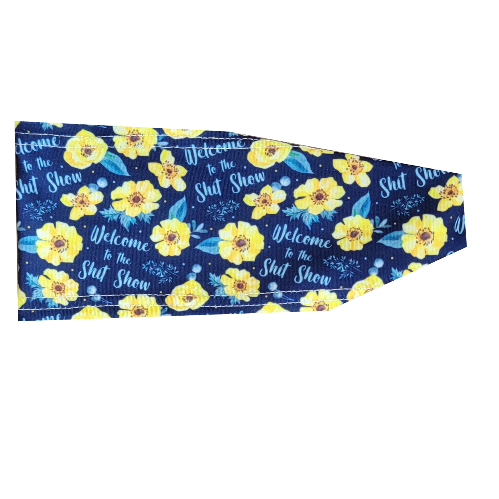 nay blue headband with yellow flowers and wording welcome to the shit show