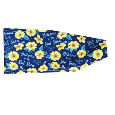 nay blue headband with yellow flowers and wording welcome to the shit show