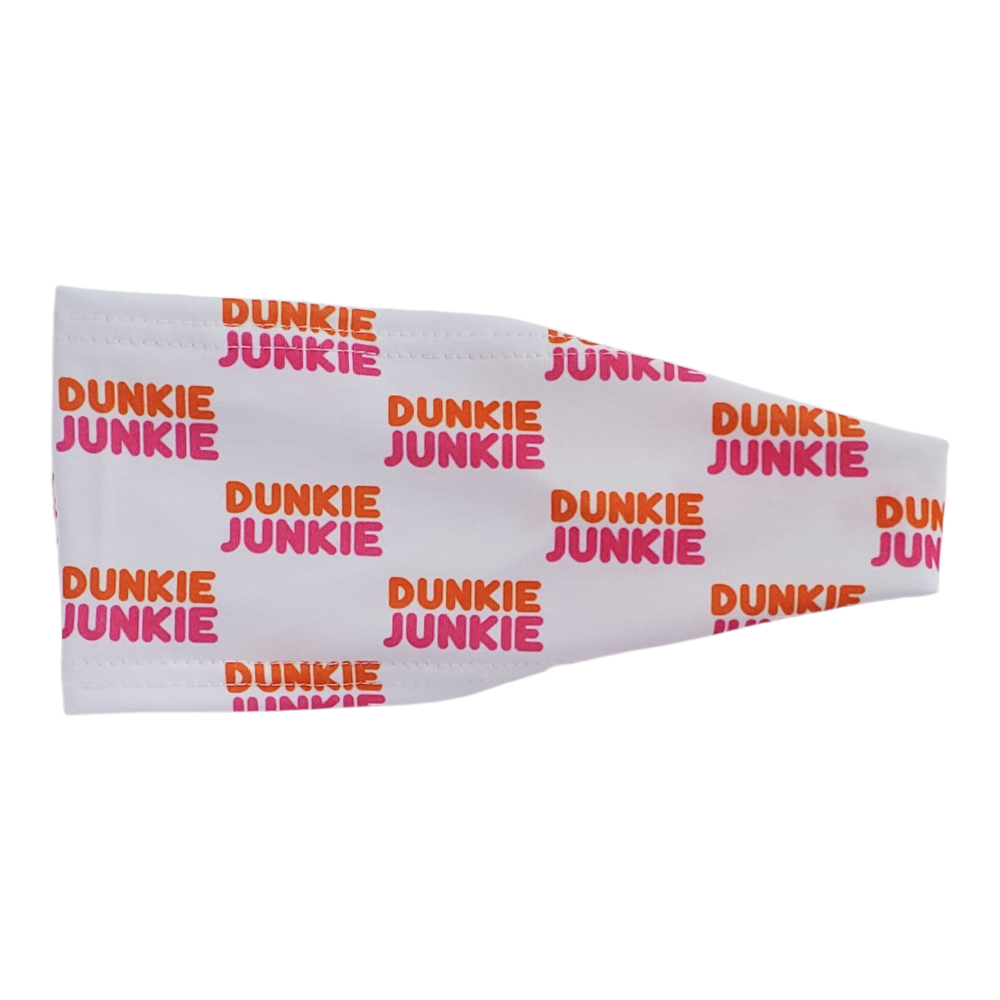 Headband with pink and orange text on white