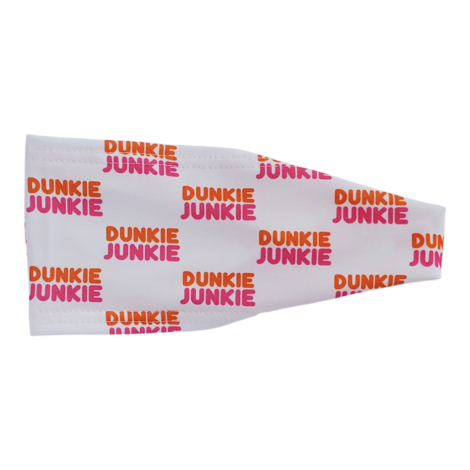 Headband with pink and orange text on white