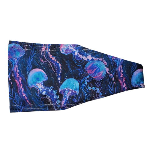 headband with neon and pastel colored jellyfish on navy