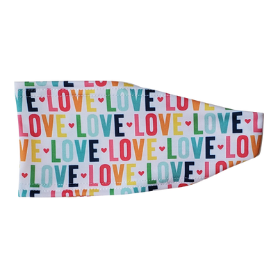 headband with rainbow colored repeated text that reads LOVE