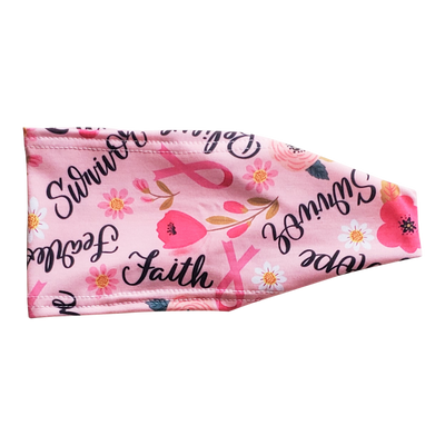 Headband with black writing with cancer ribbon on pink