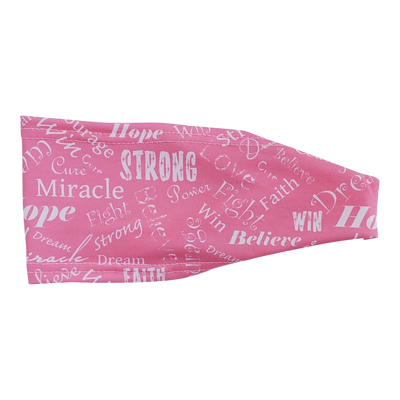 Headband with white breast cancer strong words on pink