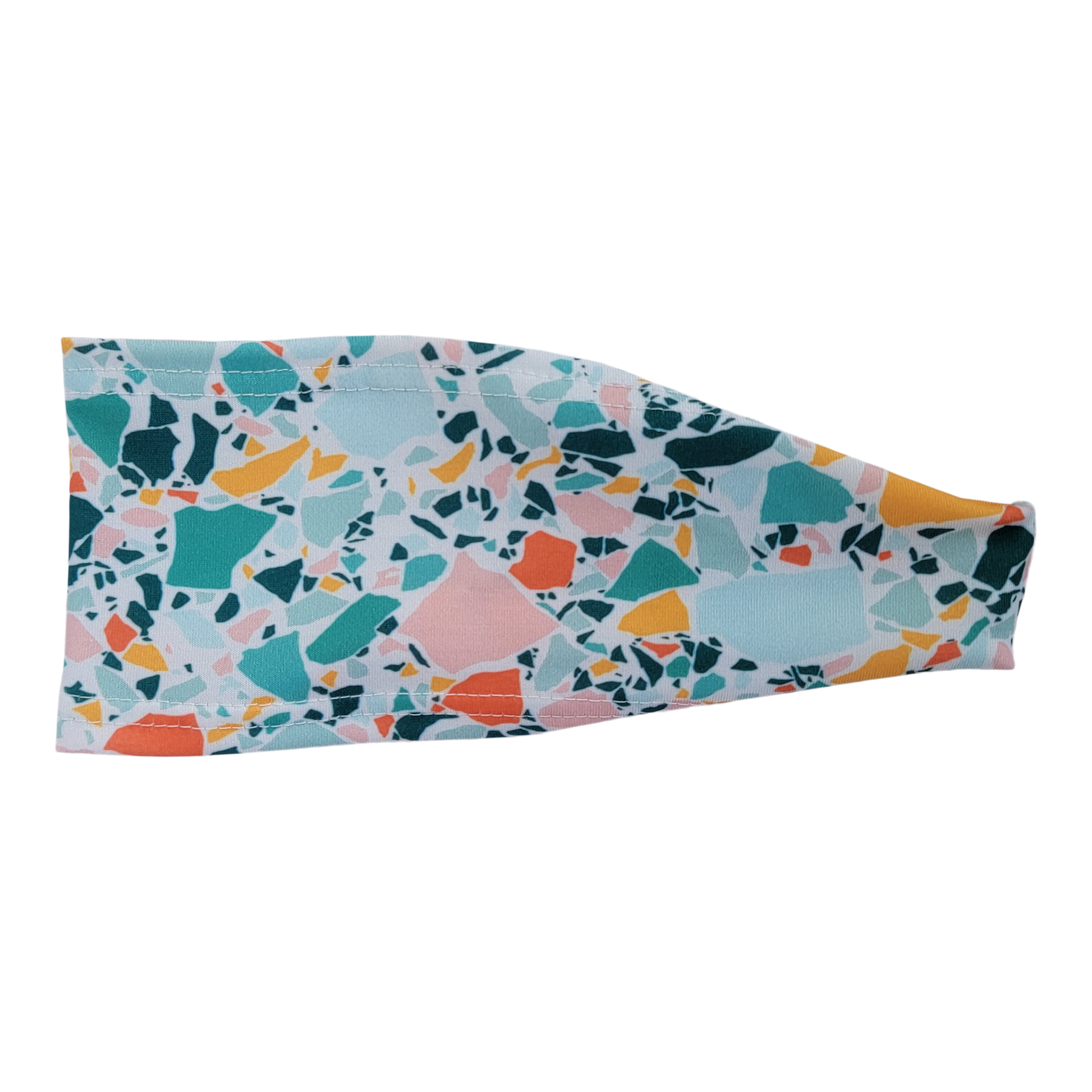 teal green pink orange abstract shapes on white