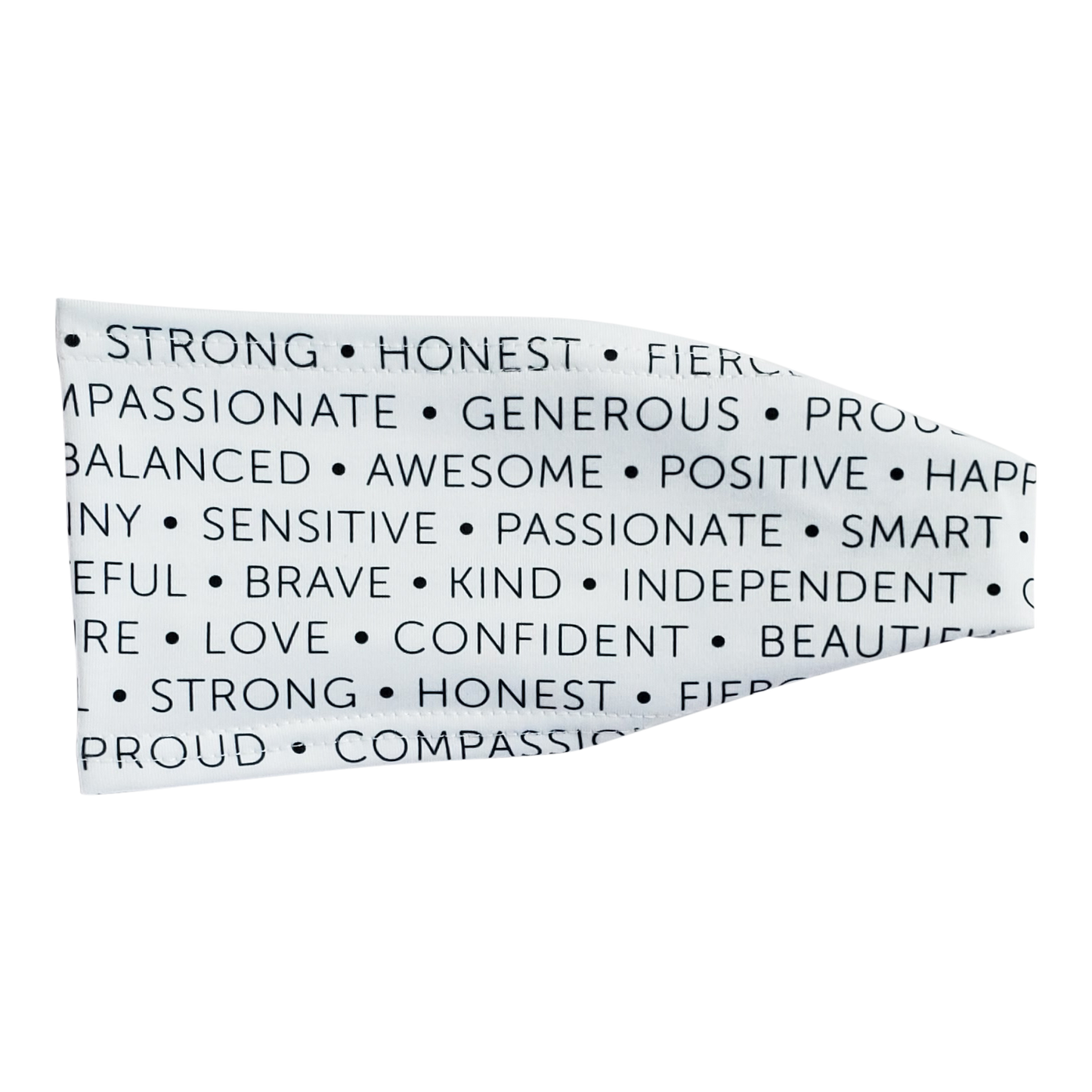 headband with words written in black on white strong, generous, love