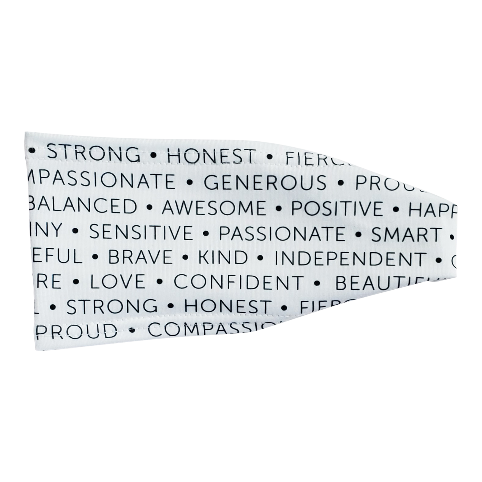 headband with words written in black on white strong, generous, love