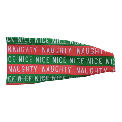 headband with red and green stripes that read naughty and nice