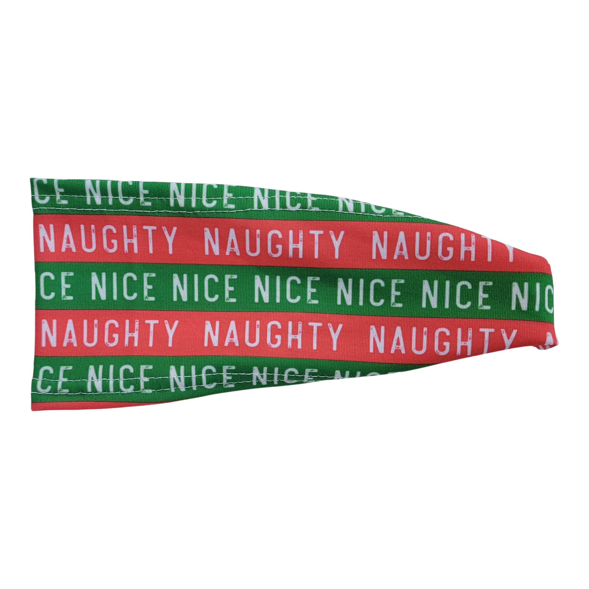 headband with red and green stripes that read naughty and nice