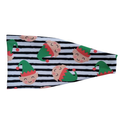 Headband with christmas elf heads on black and white stripes