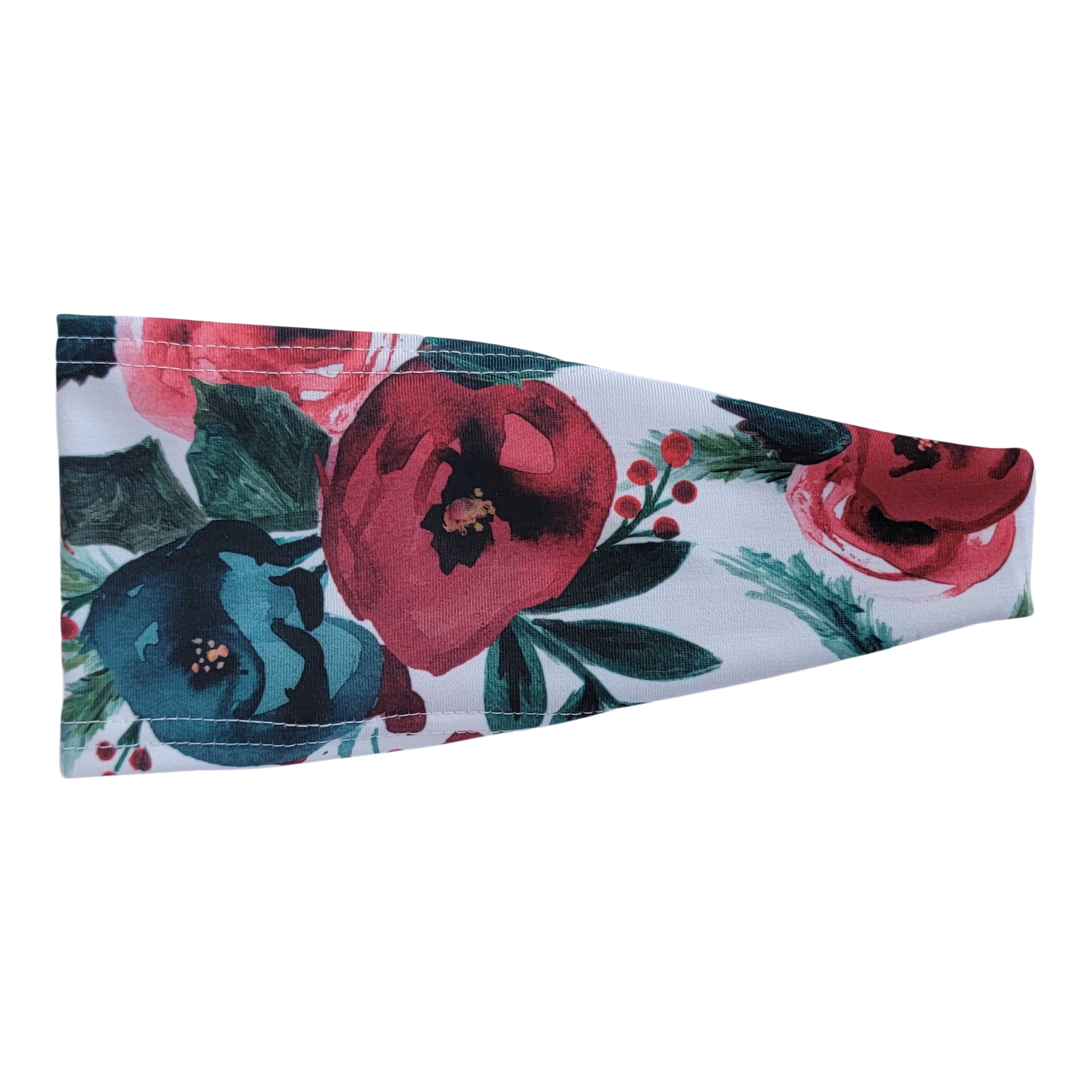 Headband with red and green christmas roses on white