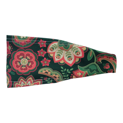 headband with red gold and green floral designs on dark green 