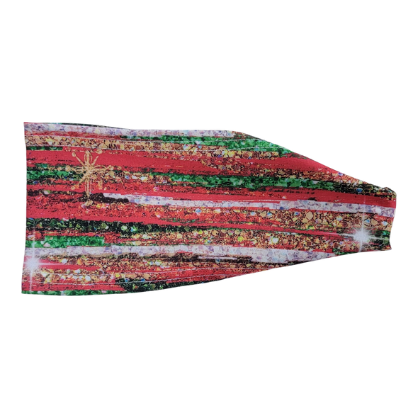 headband with gold red and green sparkle stripes